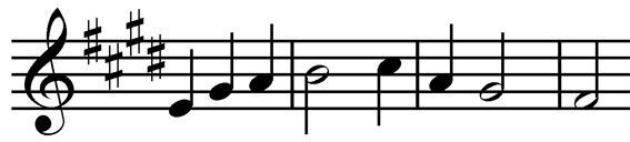 A sharp image of a stave, three and a half measures, four sharps and notes