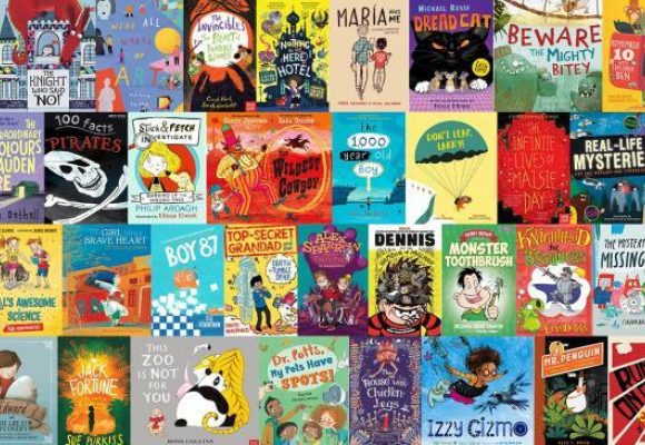 various childrens title book covers tiled over image